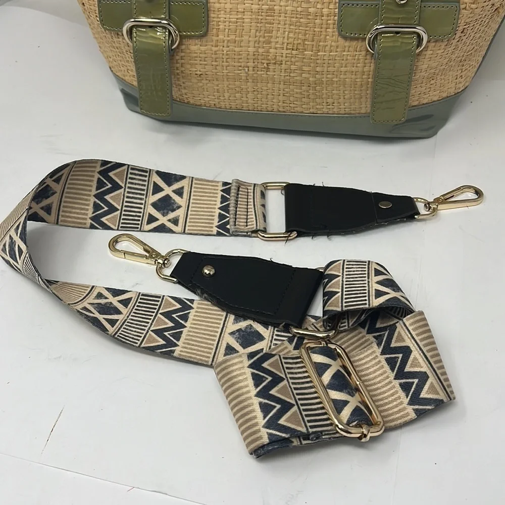 Stuart Weitzman Patent Leather and Raffia Woven Satchel w/ crossbody strap